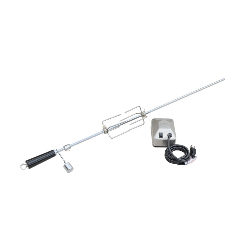 Kokomo Grills 7 PIECE OUTDOOR KITCHEN PACKAGE DEAL rotisserie kit with stainless steel rod, black handle, and electric motor unit.