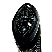 Black Westinghouse fan with control panel on a white background