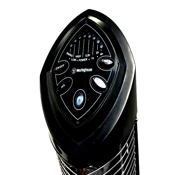 Black Westinghouse fan with control panel on a white background