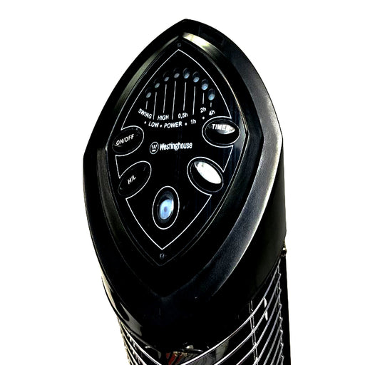 Black Westinghouse fan with control panel on a white background