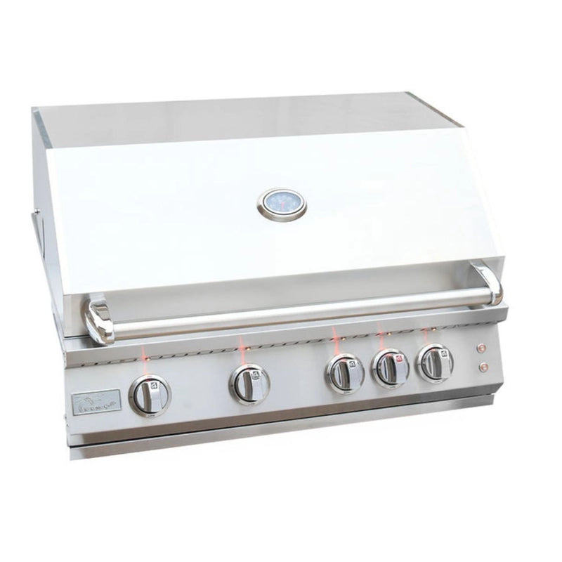 Kokomo Grills Professional Let's Get Grilling Kombo Pack stainless steel 4 burner built-in grill with illuminated knobs and built-in thermometer.