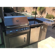 Kokomo Grills St. John 7'6" BBQ Island with 4 burner stainless steel grill, tile countertop, fridge, and Spectrum Brown stucco finish.