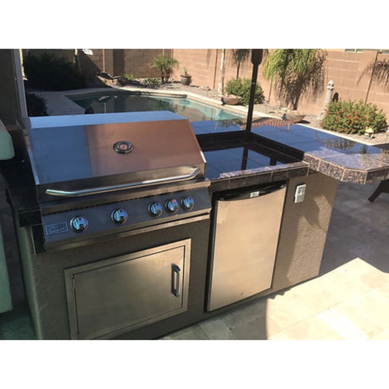 Kokomo Grills St. John 7'6" BBQ Island with 4 burner stainless steel grill, tile countertop, fridge, and Spectrum Brown stucco finish.