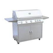 Kokomo Grills 5 Burner 40 Inch Cart BBQ Grill with 304 stainless steel, locking casters, temperature gauge, and side shelves.