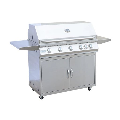 Kokomo Grills 5 Burner 40 Inch Cart BBQ Grill with 304 stainless steel, locking casters, temperature gauge, and side shelves.