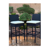 Kokomo Grills Rattan Outdoor Bar Stools 2 Pack with footrest, black wicker finish, white seat cushions, 30” seat height.