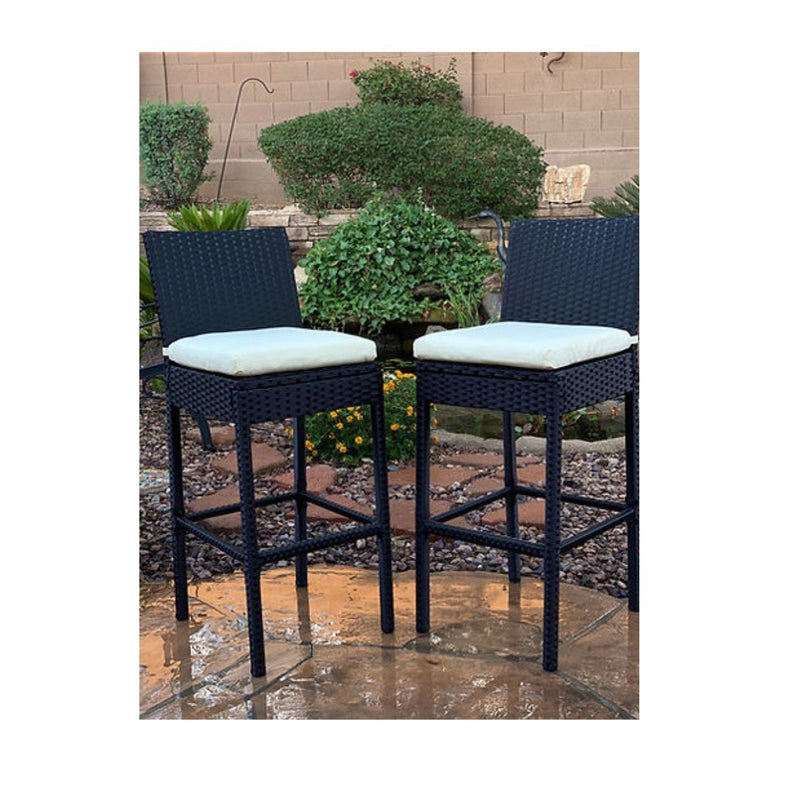 Kokomo Grills Rattan Outdoor Bar Stools 2 Pack with footrest, black wicker finish, white seat cushions, 30” seat height.