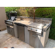 Kokomo Grills 5 Burner Griddle Combo Drawer Fridge Outdoor Kitchen with stainless steel grills, fridge, drawers, and mosaic tile backsplash.