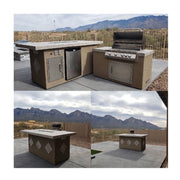 Kokomo Grills Baja/Fire L-Shaped BBQ Island with 4 burner grill, outdoor fridge, fire-pit, and modular galvanized steel frame