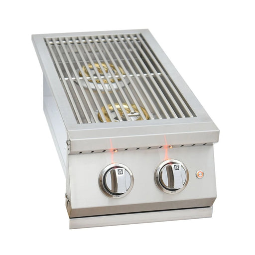 Kokomo Grills Professional Double Side Burner stainless steel built-in with dual brass burners, illuminated knobs, and removable cover.