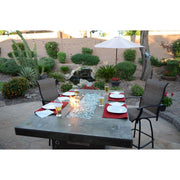 Kokomo Grills Entertainer Bar Gas Fire Pit Table with clear fire glass, 6’x42”, metal and porcelain build, seating for six.