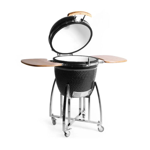 Kokomo Grills 21 Inch Kamado KoKoMo Ceramic BBQ Grill in black with ceramic body, stainless steel cart, wooden side shelves, and cooking versatility.