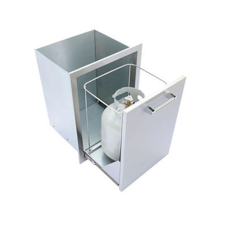 Kokomo Grills Outdoor Kitchen Stainless Steel Trash/Propane Pull-Out with polished handle and smooth ball bearing glides for propane tank storage.