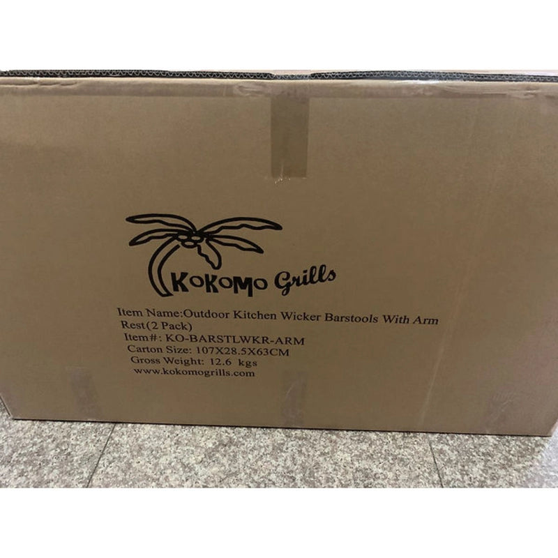 Kokomo Grills Rattan Outdoor Bar Stools with Armrest and Footrest 2 Pack, 30” seat height, wicker finish, cushioned seats.