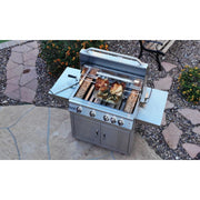 Kokomo Grills Professional 4 Burner 32 Inch Cart Model BBQ Grill with stainless steel body, illuminated knobs, side shelves, and locking casters.