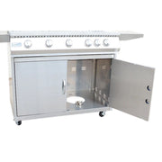Kokomo Grills 5 Burner 40 Inch Cart Model BBQ Grill with 304 stainless steel, locking casters, storage cabinet, and control knobs.