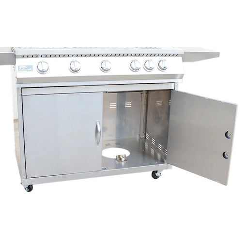 Kokomo Grills 5 Burner 40 Inch Cart Model BBQ Grill with 304 stainless steel, locking casters, storage cabinet, and control knobs.
