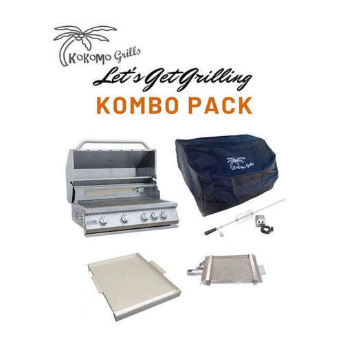 Kokomo Grills Let's Get Grilling Kombo Pack with 4 burner stainless steel grill, rotisserie, sear burner, griddle insert, and grill cover.