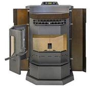 Wood-burning stove with open doors on a white background