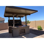 Kokomo Grills Barn Door TV Wall BBQ Island Pergola Firepit 4 Burner built-in grill with stone arch and covered shade canopy outdoor kitchen.