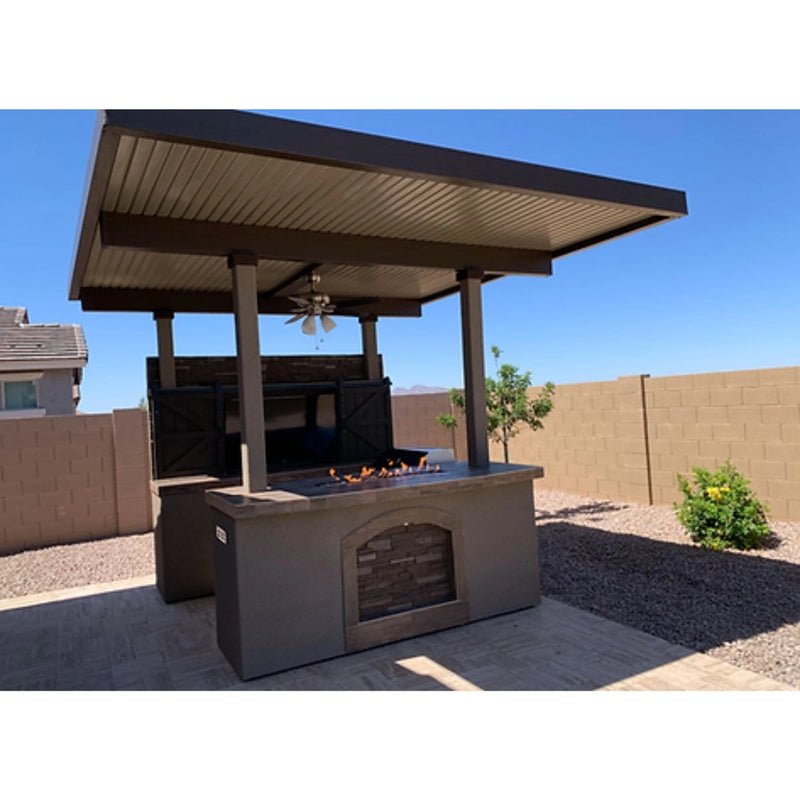 Kokomo Grills Barn Door TV Wall BBQ Island Pergola Firepit 4 Burner built-in grill with stone arch and covered shade canopy outdoor kitchen.