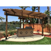Kokomo Grills St. John 7'6" BBQ Island with Spectrum Brown stucco finish, high bar on three sides, and outdoor lighting.