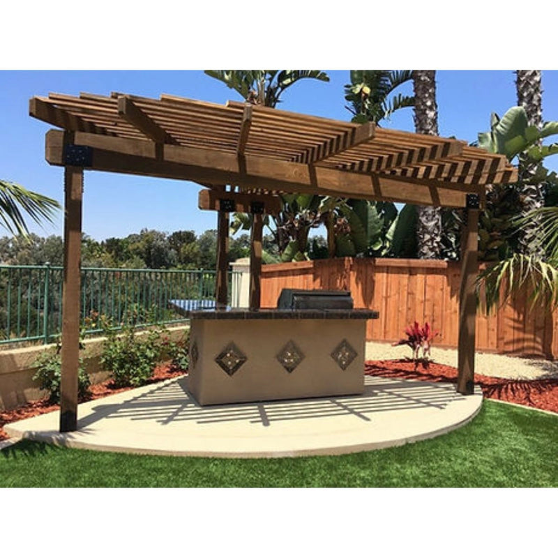 Kokomo Grills St. John 7'6" BBQ Island with Spectrum Brown stucco finish, high bar on three sides, and outdoor lighting.