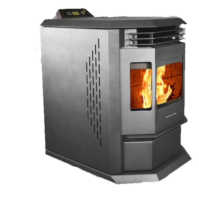 Stainless steel pellet stove with visible flames on a white background
