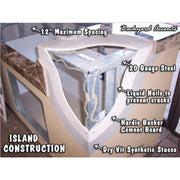 Kokomo Grills Aruba BBQ Island with 12' x 12' pergola showing stucco finish, stone accents, and galvanized steel frame construction.