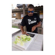 Kokomo Grills Trash Chute and Cutting Board stainless steel BBQ island insert with integrated trash chute and cutting surface.