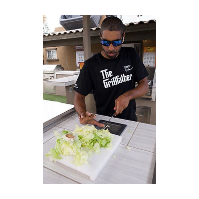 Kokomo Grills Trash Chute and Cutting Board stainless steel BBQ island insert with integrated trash chute and cutting surface.