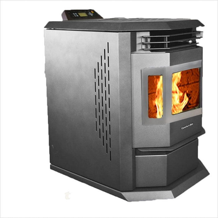 Modern pellet stove with visible flames on a white background