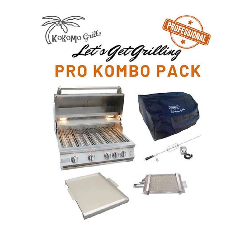 Kokomo Grills Professional Let's Get Grilling Kombo Pack with 4 burner stainless steel grill, rotisserie, griddle, sear burner, and cover.