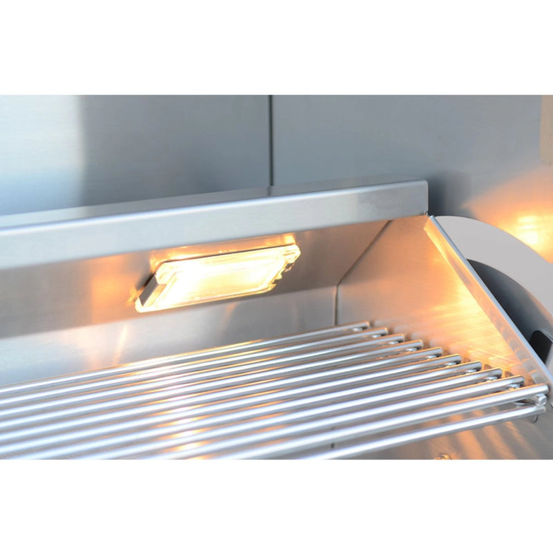 Kokomo Grills Professional 5 Burner 40 Inch Cart BBQ Grill with stainless steel warming rack and interior lighting.