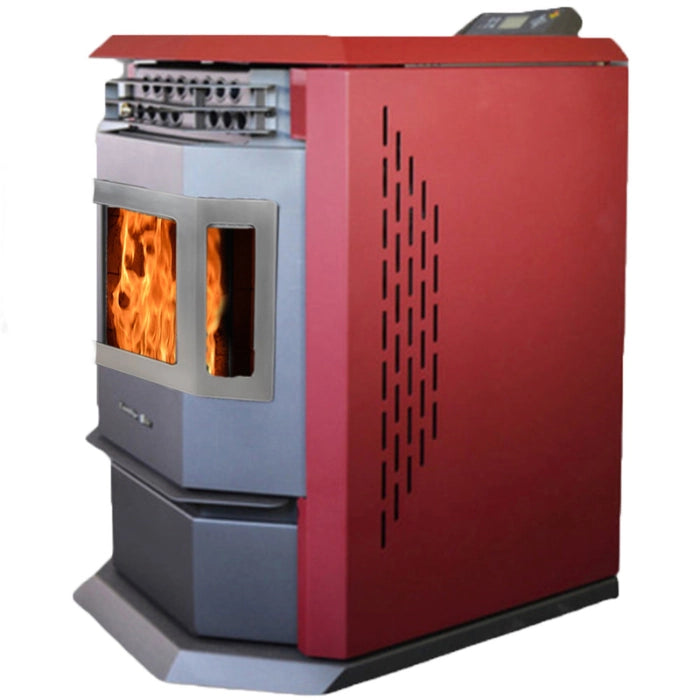 Red and gray pellet stove with visible flames on a white background