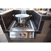 Kokomo Grills Professional Built-in Power Burner with stainless steel body, LED-lit knobs, removable wok grate, and stainless steel cover.