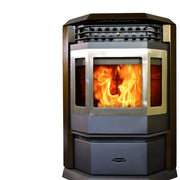 Corner-mounted fireplace with visible flames on a white background