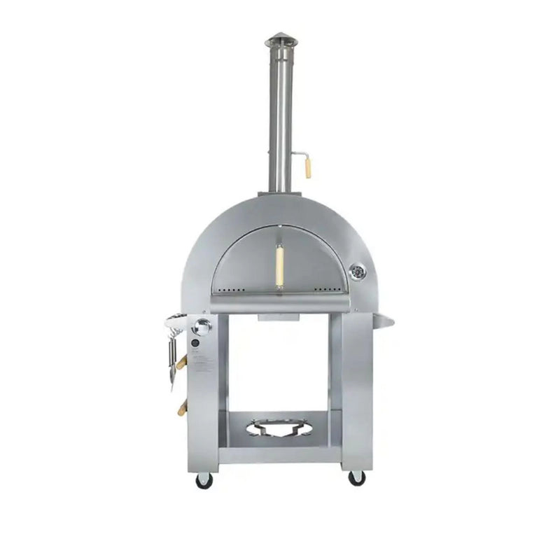 Kokomo Grills 32 Inch Dual Fuel Gas or Wood Fired Stainless Steel Pizza Oven with built-in gauge, chimney, and oven cart on wheels.