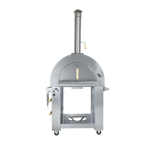 Kokomo Grills 32 Inch Dual Fuel Gas or Wood Fired Stainless Steel Pizza Oven with built-in gauge, chimney, and oven cart on wheels.