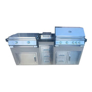 Kokomo Grills Teppanyaki, Griddle, Built-In BBQ Grill 7'6" with stainless steel frame, multiple burners, side burner, and storage drawers.