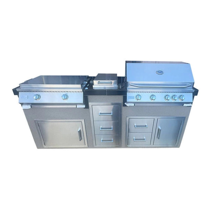 Kokomo Grills Teppanyaki, Griddle, Built-In BBQ Grill 7'6" with stainless steel frame, multiple burners, side burner, and storage drawers.