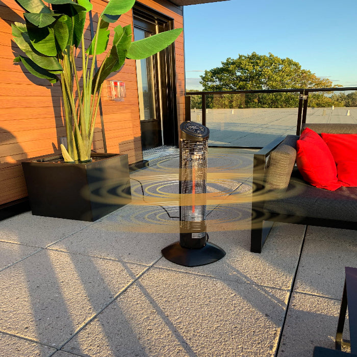 Outdoor patio with a heater, table, and chairs on a sunny day.