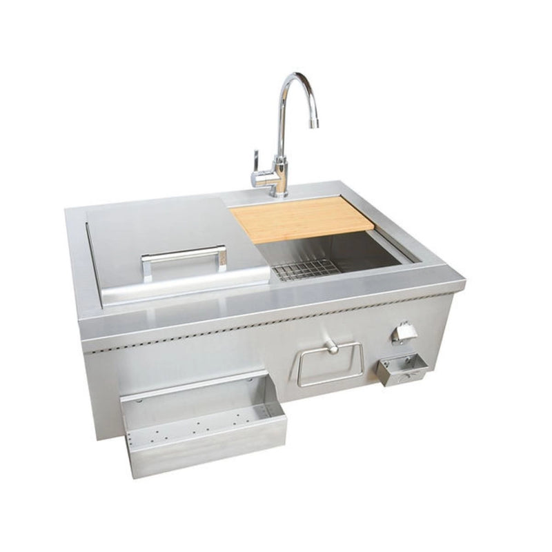 Kokomo Grills 30" Built-In Bartender Cocktail Station with 30” stainless steel sink, bamboo cutting board, faucet, and bottle opener.