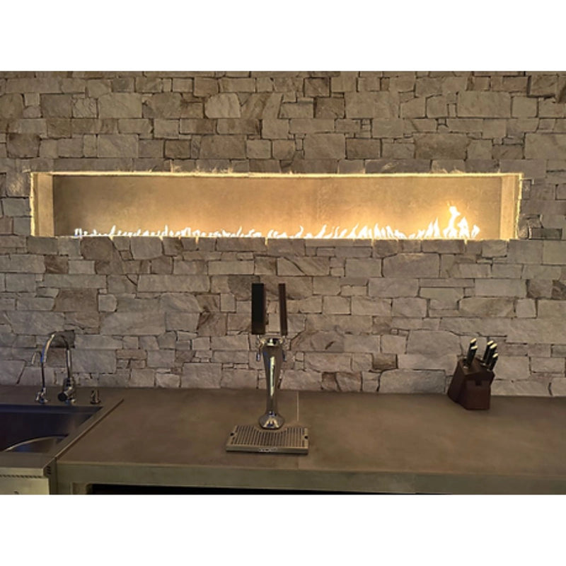 Kokomo Grills Luxury Outdoor Kitchen BBQ Grill Island with stainless steel fixtures, stone backsplash, and built-in tap and knife set.