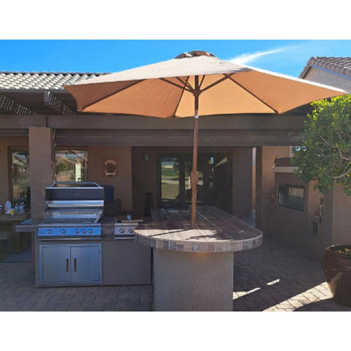 Kokomo Grills Aruba BBQ Island with 4-burner grill, side burner, refrigerator, tile countertop, and round bar in Spectrum Brown.