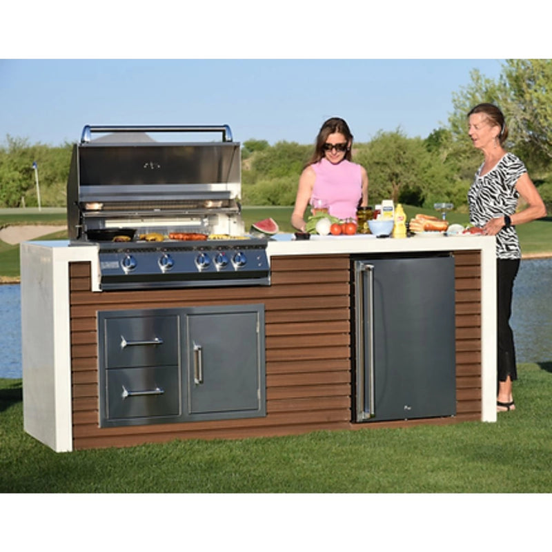Kokomo Grills Professional Shiplap Outdoor Kitchen KoKoMo Grill with 7'6" shiplap siding, porcelain tile countertop, storage drawers, and refrigerator.