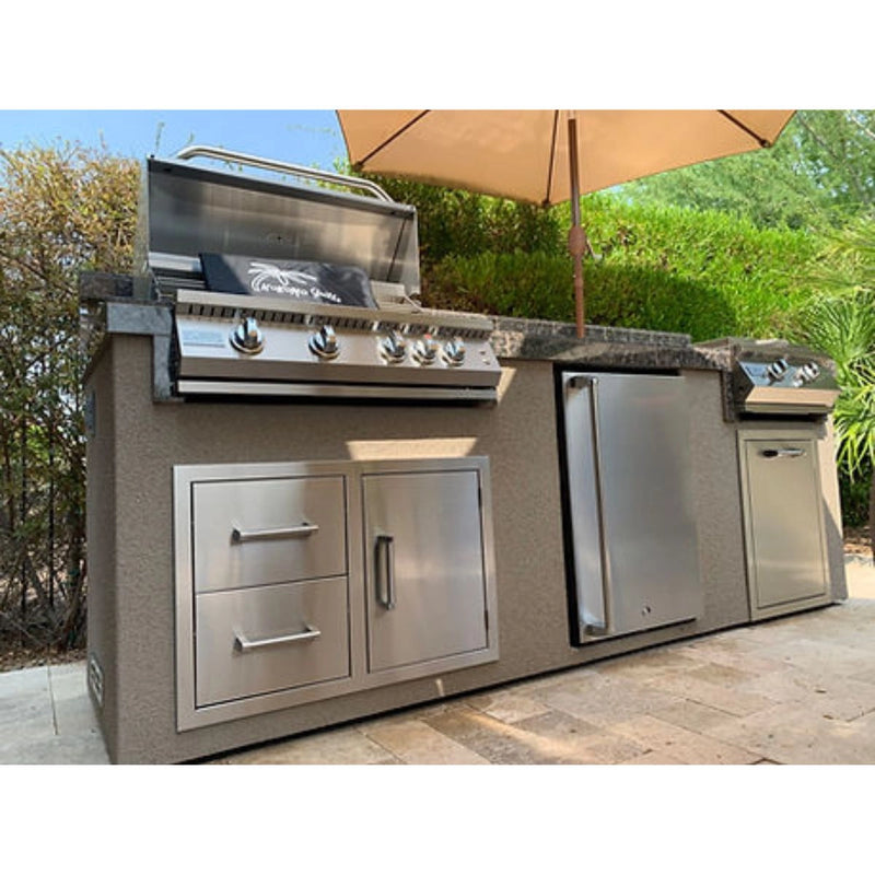 Kokomo Grills 5 Burner Griddle Combo Drawer Fridge Outdoor Kitchen with stainless steel grills, refrigerator, drawers, and umbrella shade.