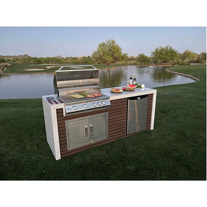 Kokomo Grills Classic Shiplap Outdoor Kitchen with 32" 4 Burner BBQ, stainless steel doors, porcelain tile countertop, and outdoor refrigerator.