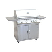 Kokomo Grills 4 Burner 32 Inch Cart Model BBQ Grill with 304 stainless steel, locking casters, side shelves, and temperature gauge.