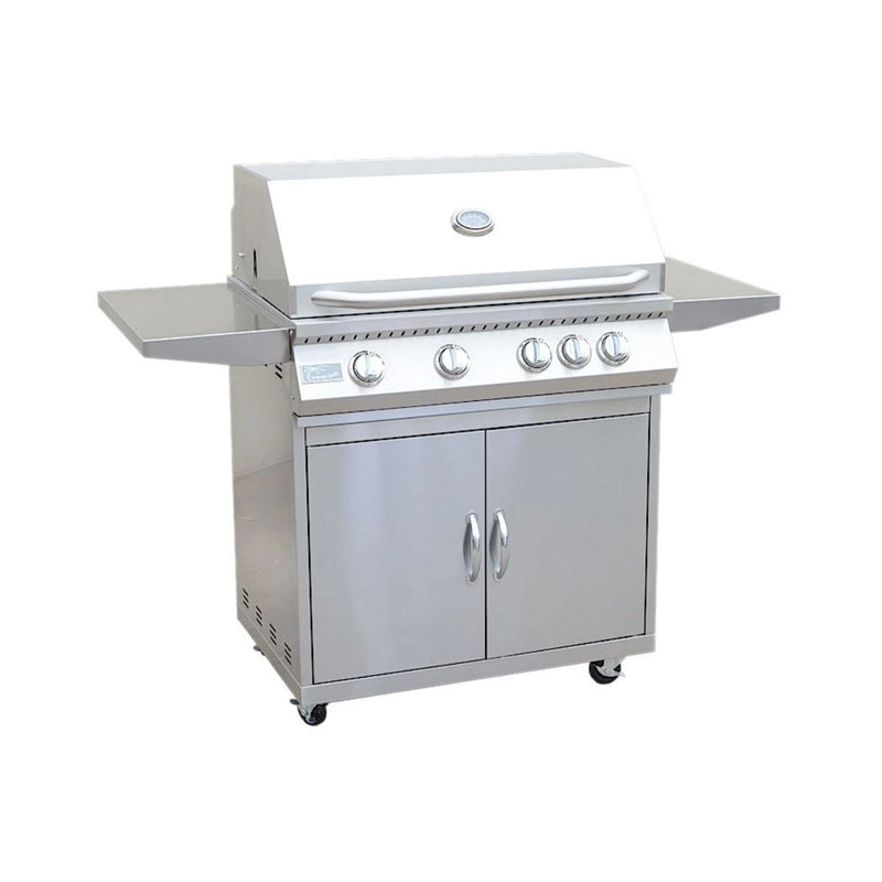 Kokomo Grills 4 Burner 32 Inch Cart Model BBQ Grill with 304 stainless steel, locking casters, side shelves, and temperature gauge.